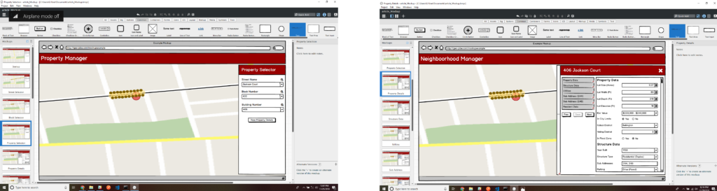 This image shows two screenshots - one of a mockup showing how a user may select a property in the application and the other showing the details for that property.